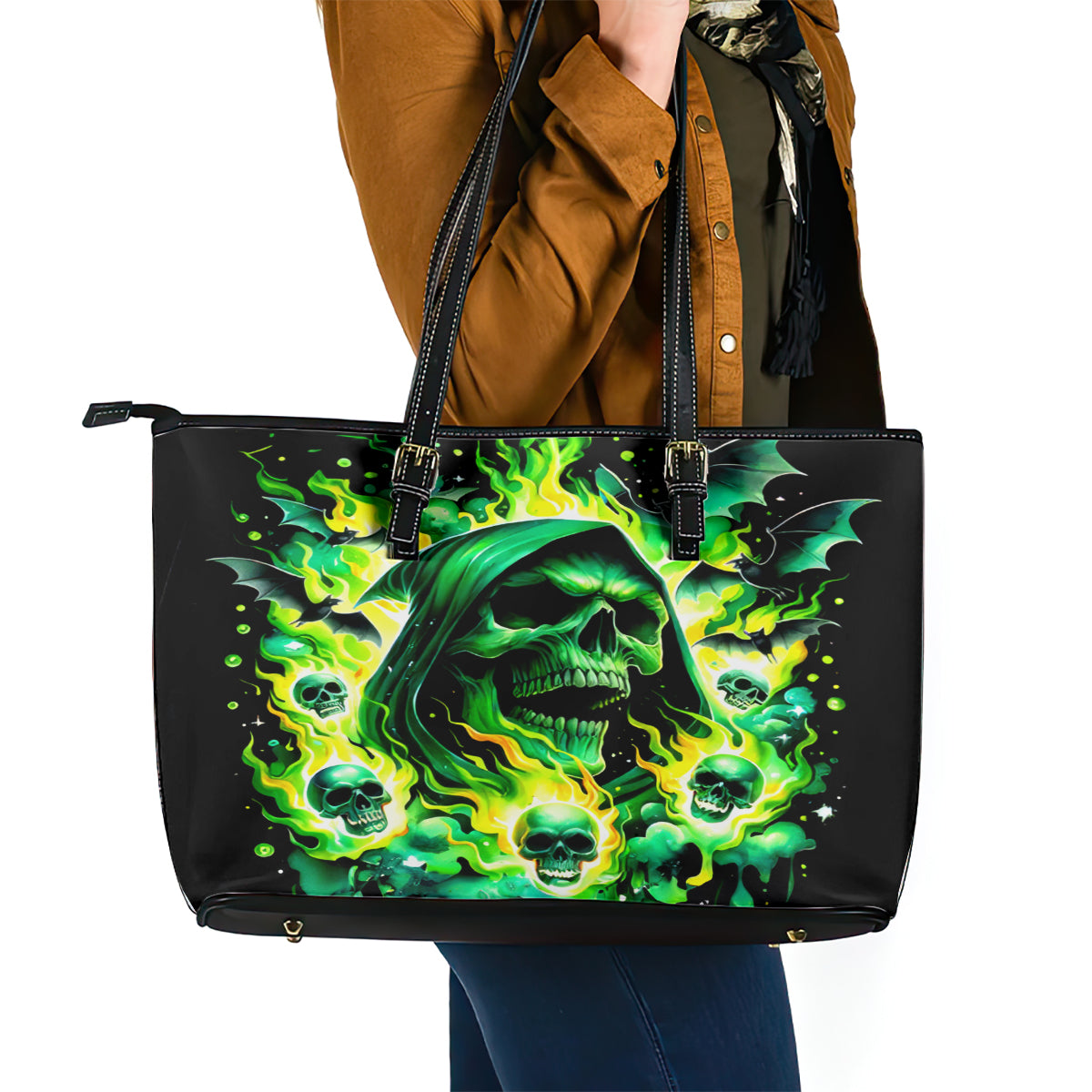 Flame Skull Leather Tote Bag Heaven Don't Want Me Hell Afraid I Take Over DT01