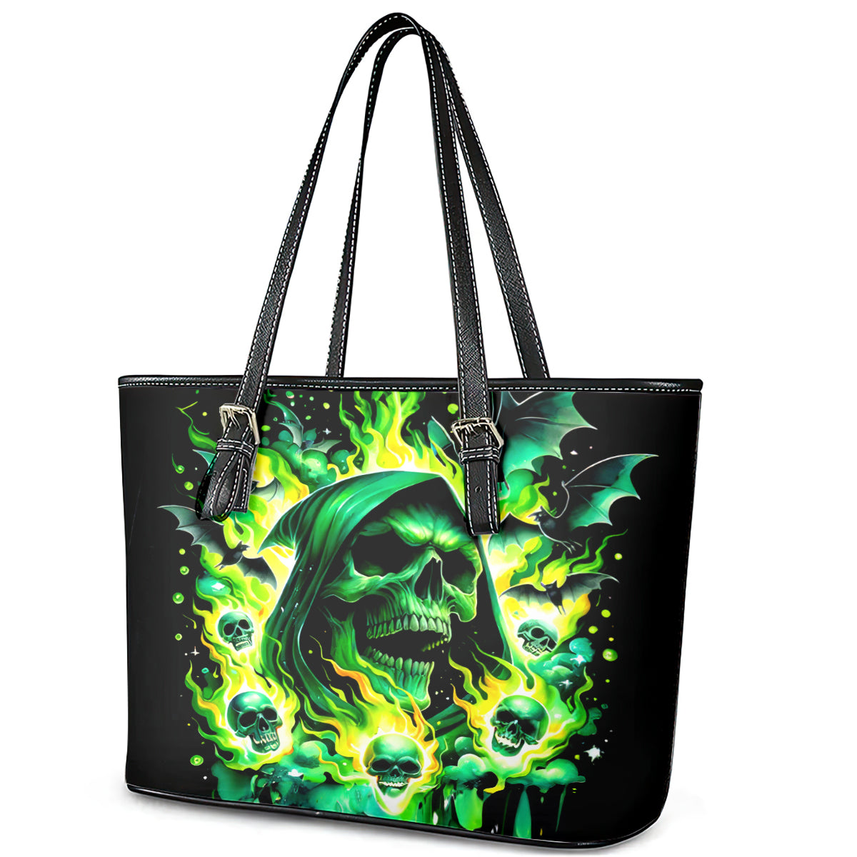 Flame Skull Leather Tote Bag Heaven Don't Want Me Hell Afraid I Take Over DT01