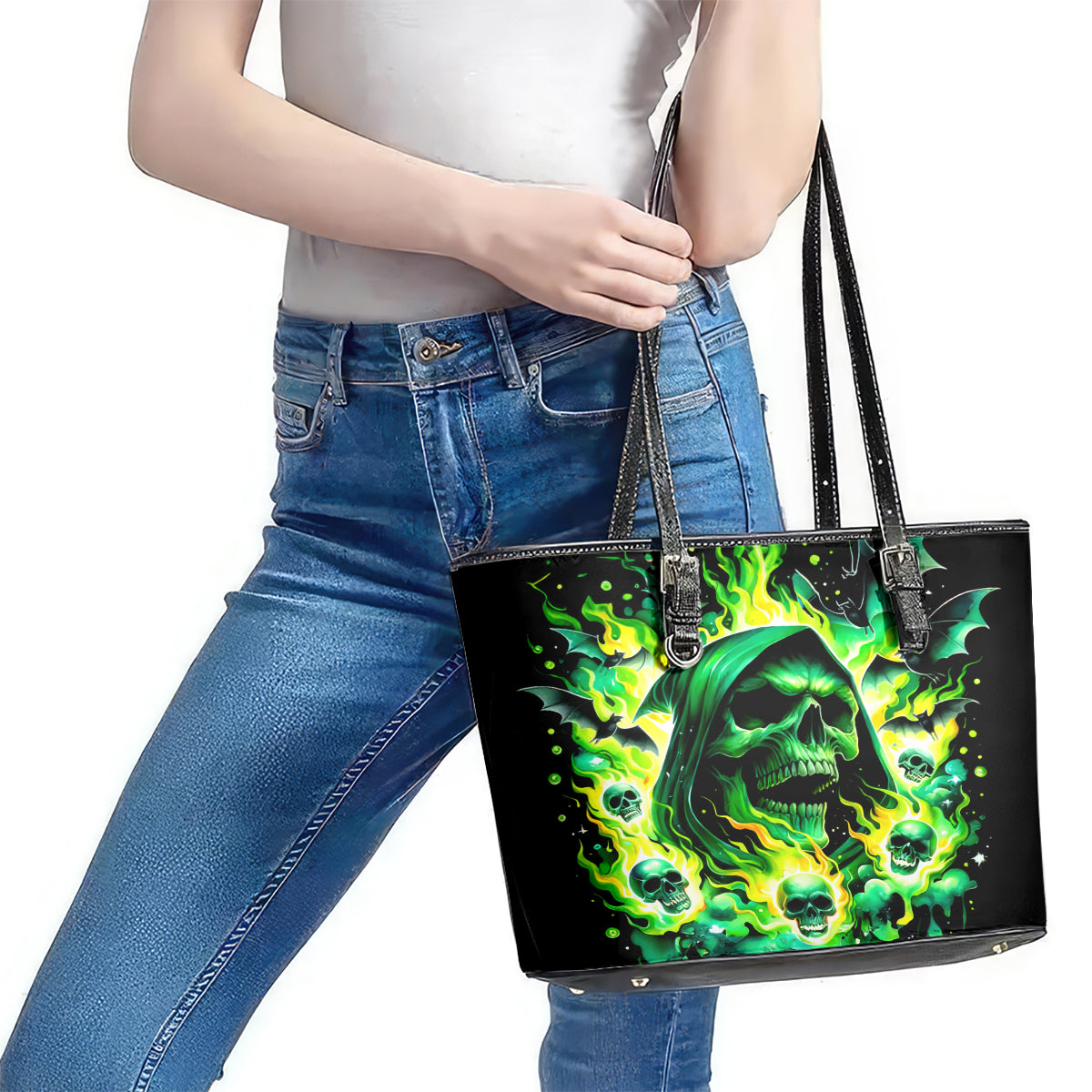 Flame Skull Leather Tote Bag Heaven Don't Want Me Hell Afraid I Take Over DT01
