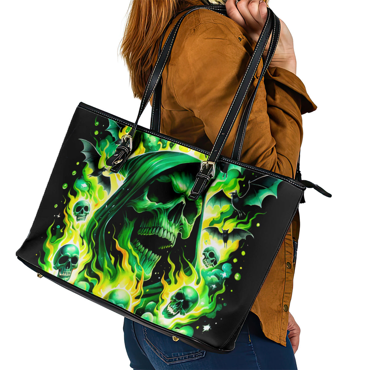 Flame Skull Leather Tote Bag Heaven Don't Want Me Hell Afraid I Take Over DT01