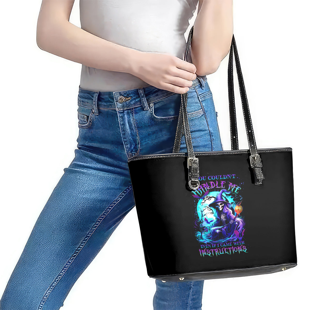 Witch Skull Leather Tote Bag You Couldn't Handle Me Even With Intrustions DT01