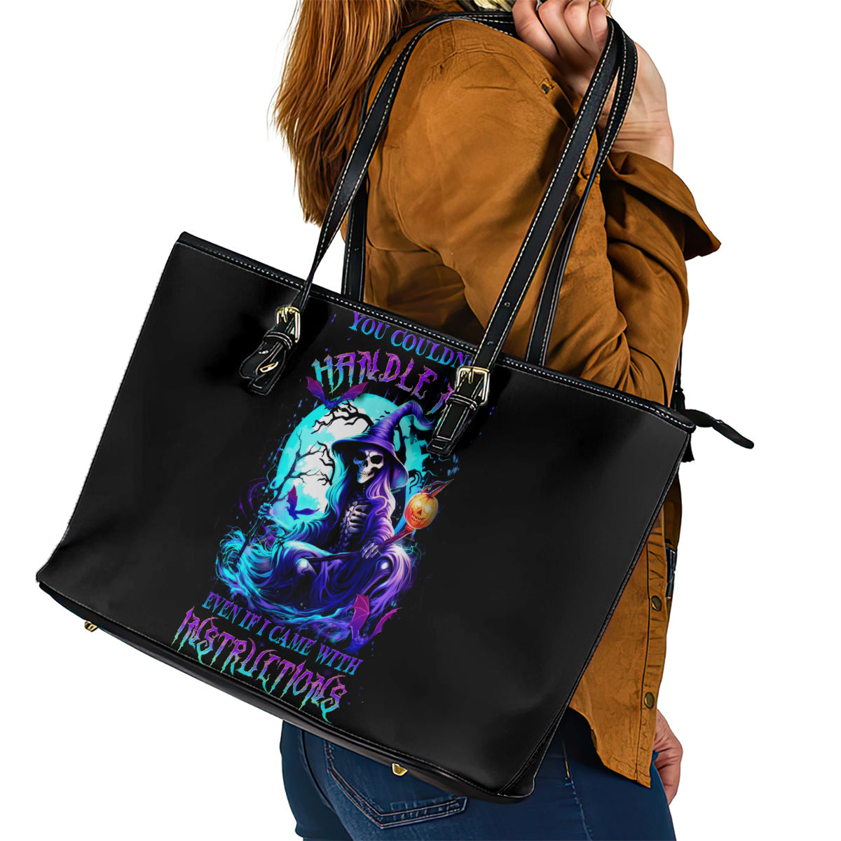 Witch Skull Leather Tote Bag You Couldn't Handle Me Even With Intrustions DT01