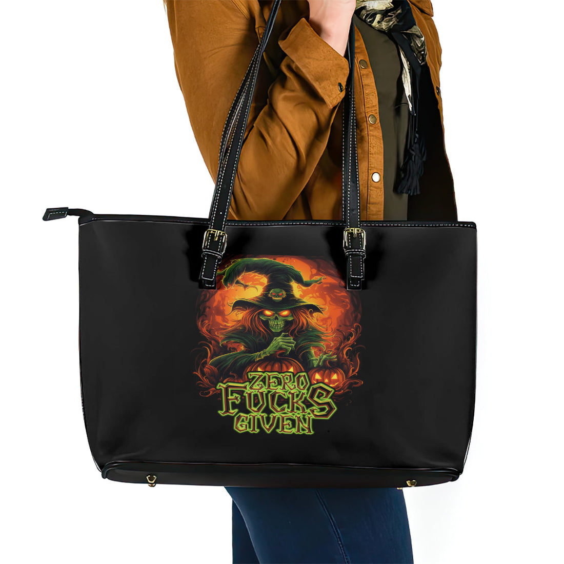 Witch Skull Leather Tote Bag Zero Fucking Given DT01