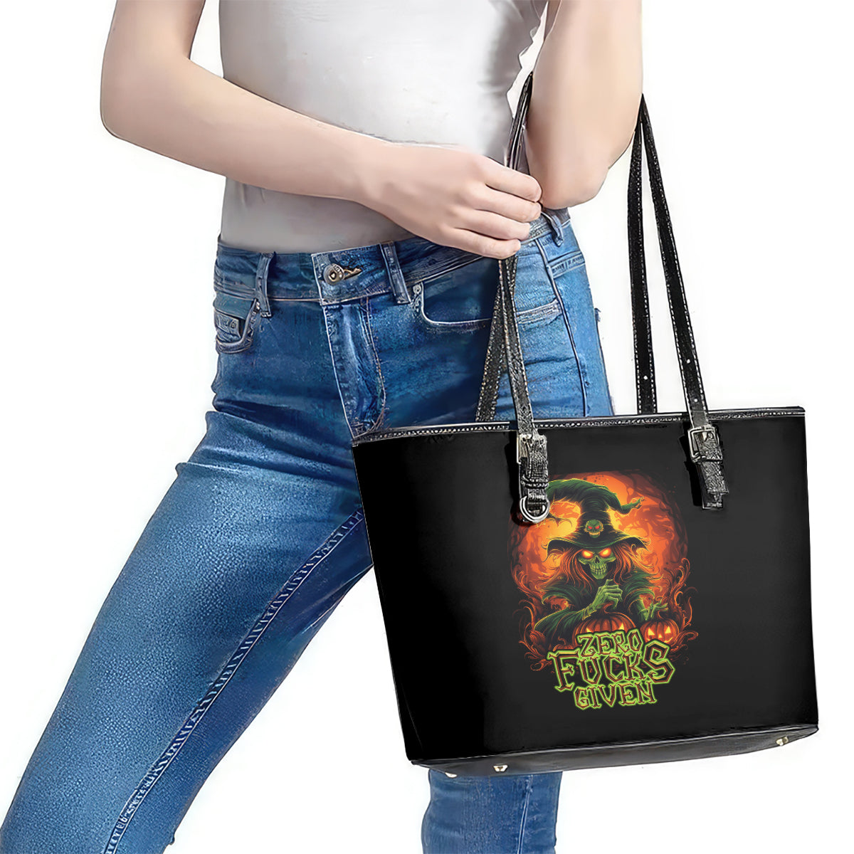 Witch Skull Leather Tote Bag Zero Fucking Given DT01