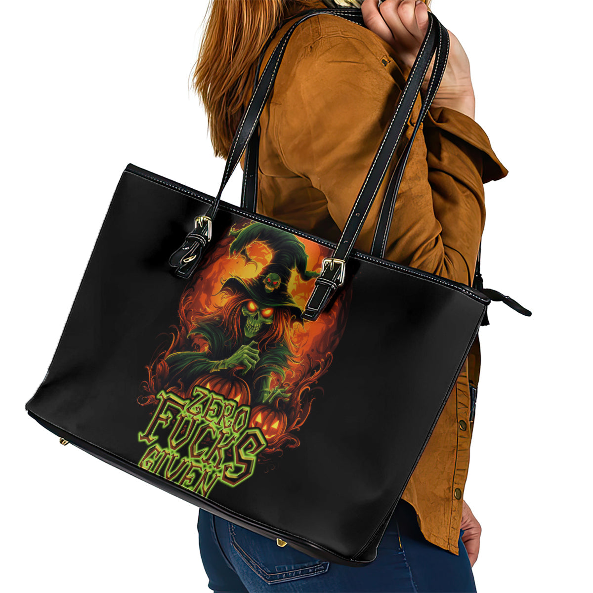 Witch Skull Leather Tote Bag Zero Fucking Given DT01