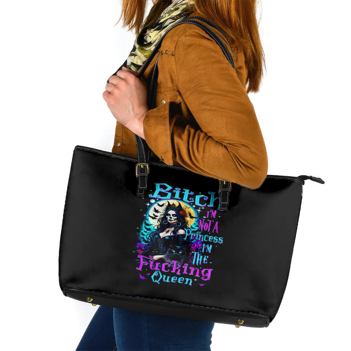 Witch Skull Leather Tote Bag Bitch I'm Not A Princess I'm The Fucking Queen DT01