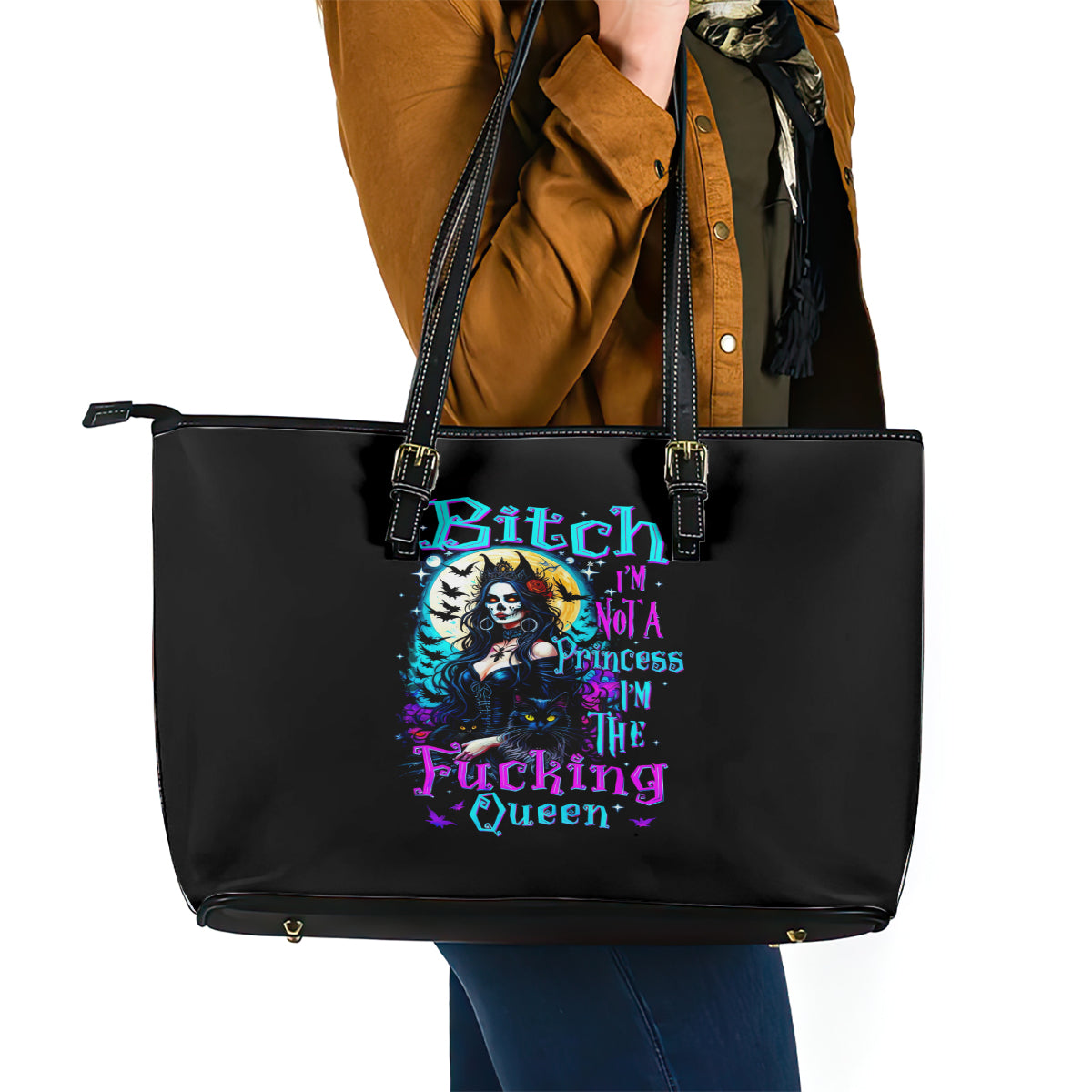 Witch Skull Leather Tote Bag Bitch I'm Not A Princess I'm The Fucking Queen DT01