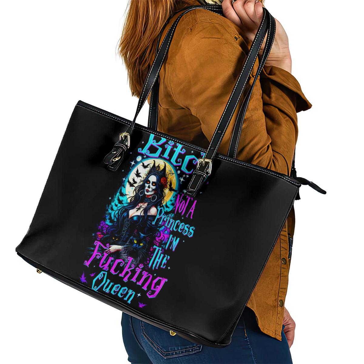 Witch Skull Leather Tote Bag Bitch I'm Not A Princess I'm The Fucking Queen DT01