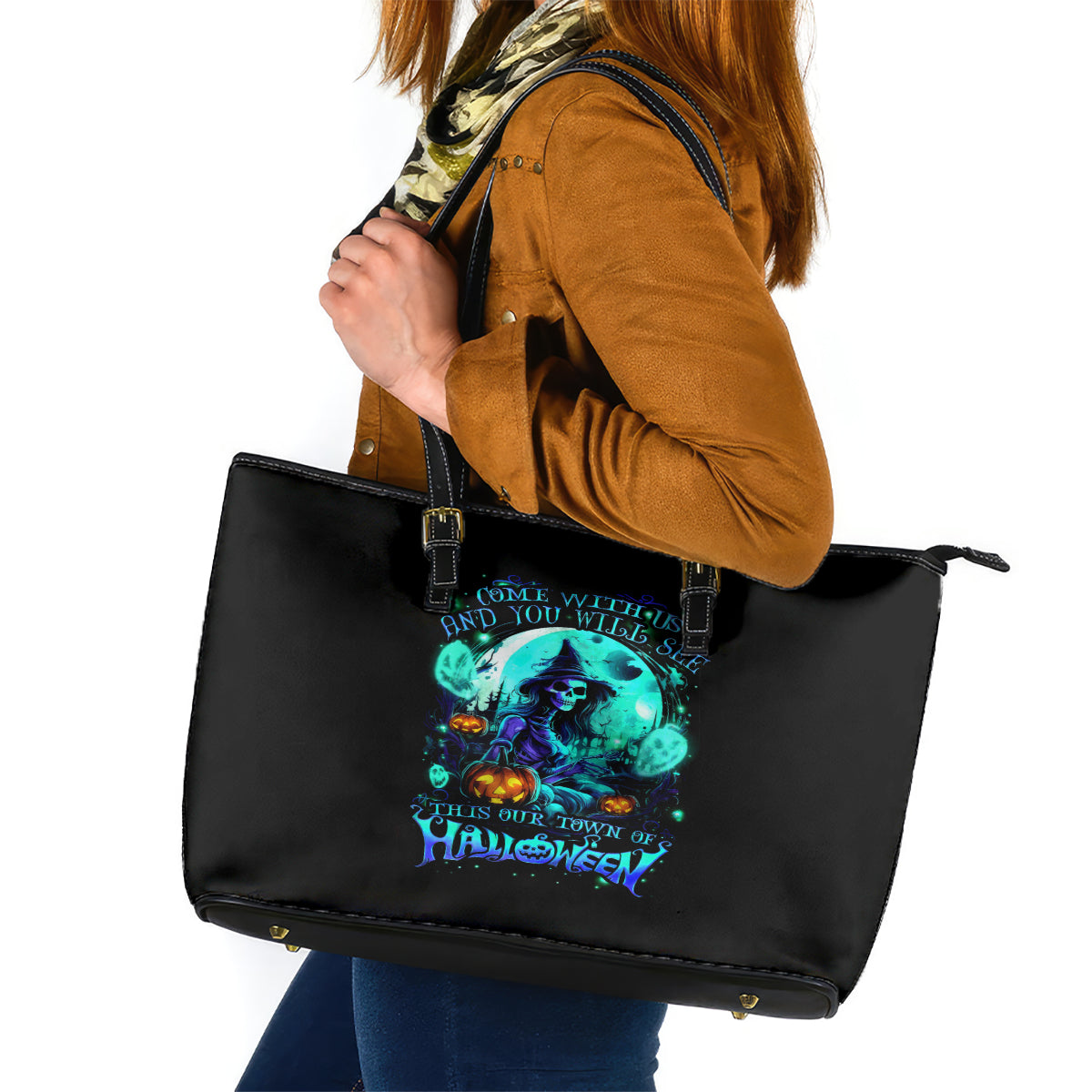 Witch Skull Leather Tote Bag Come With Us And You Will See Our Halloween DT01