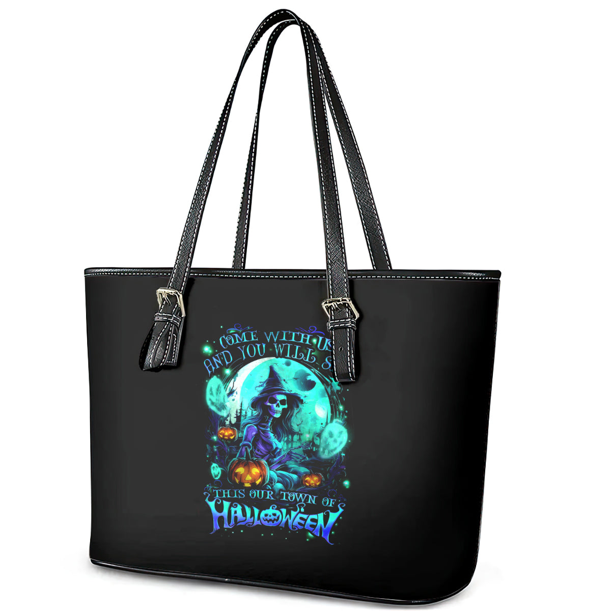 Witch Skull Leather Tote Bag Come With Us And You Will See Our Halloween DT01