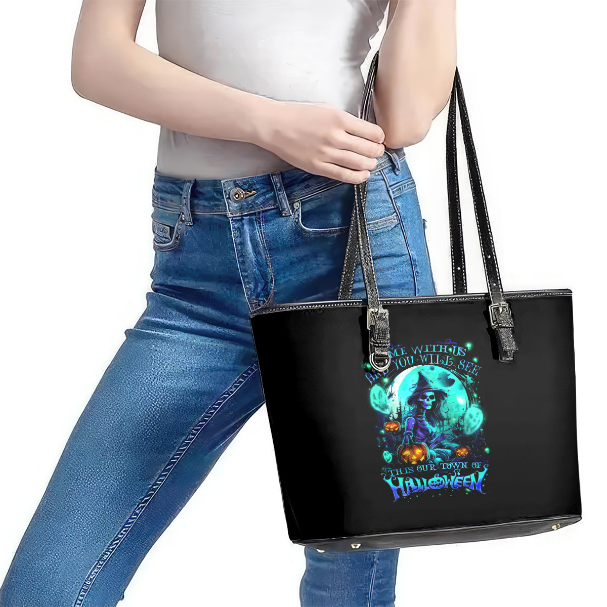 Witch Skull Leather Tote Bag Come With Us And You Will See Our Halloween DT01