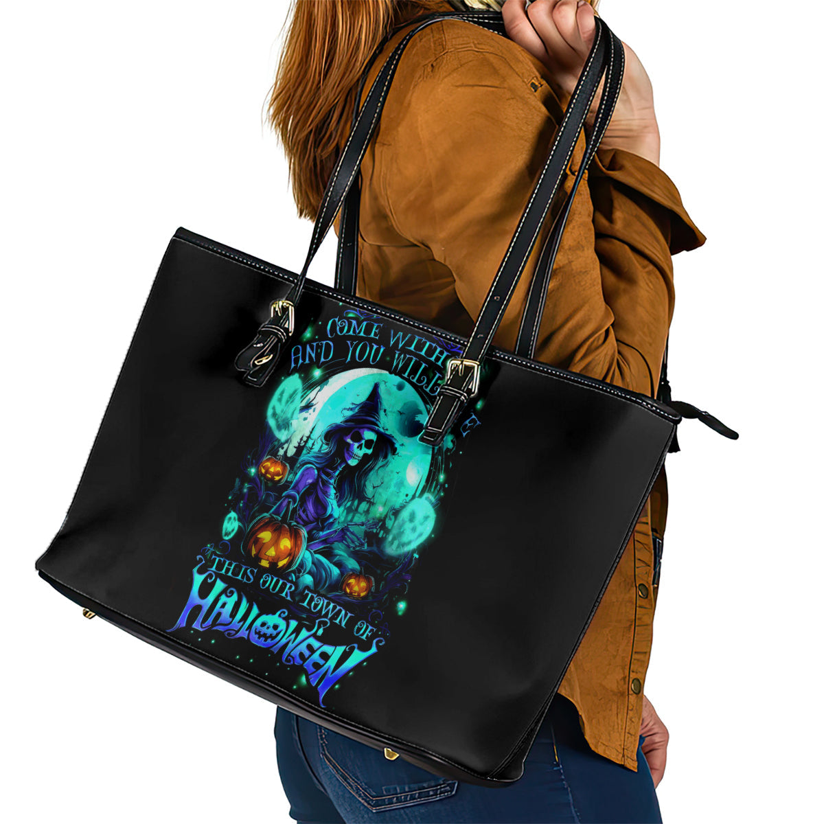 Witch Skull Leather Tote Bag Come With Us And You Will See Our Halloween DT01