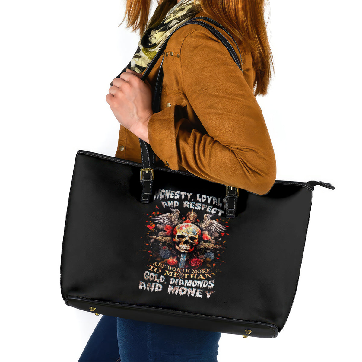 Cross Skull Leather Tote Bag Honesty Loyalty And Respect Worth More Than Gold, Diamond DT01