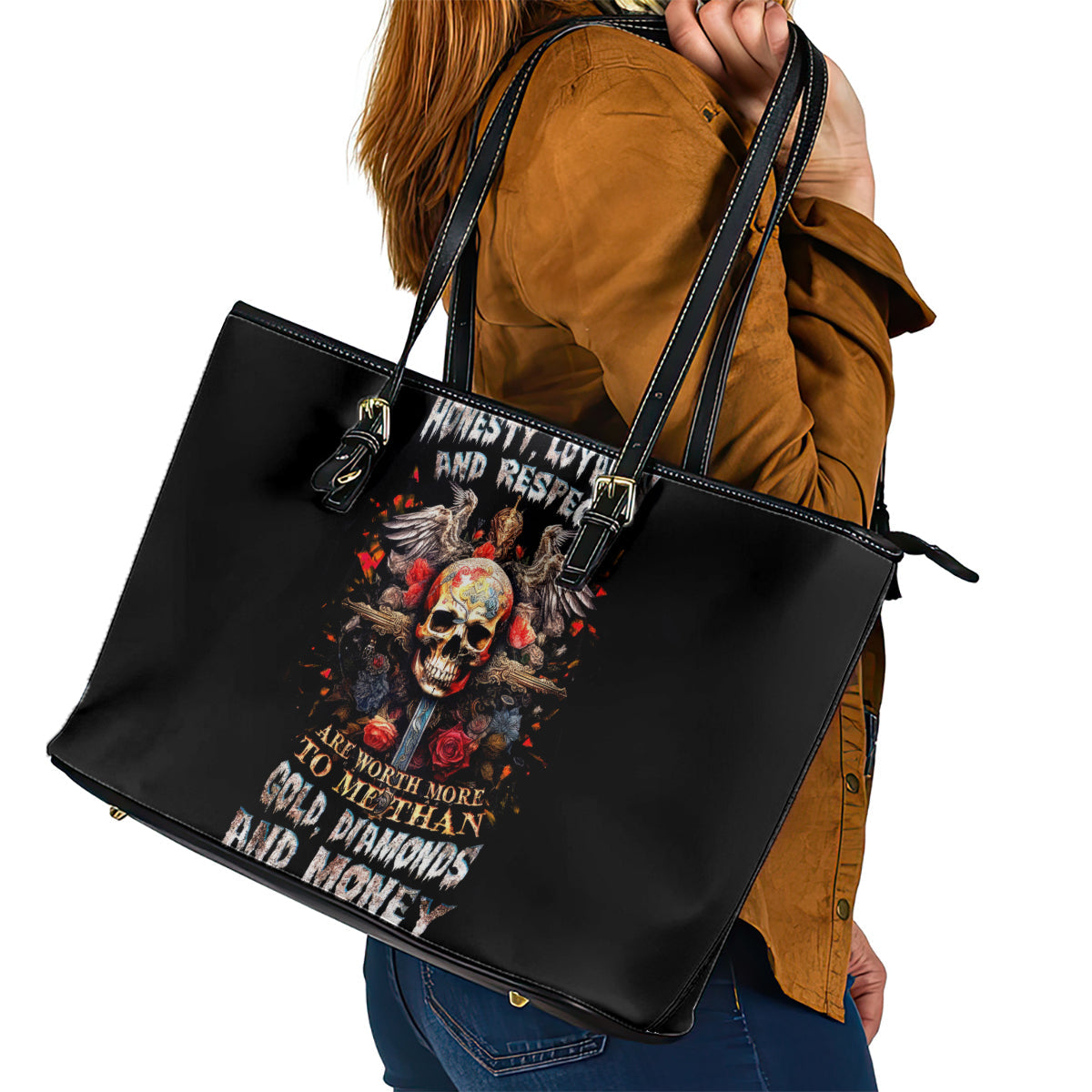 Cross Skull Leather Tote Bag Honesty Loyalty And Respect Worth More Than Gold, Diamond DT01