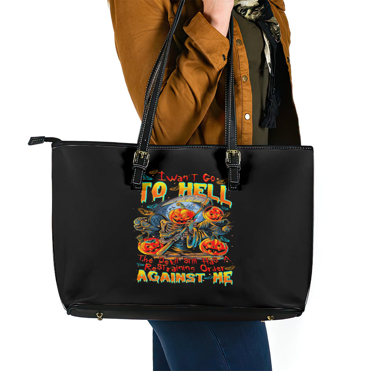 Pumpkin Skull Leather Tote Bag I Wan't Go To Hell The Devil Still Restraining Against Me DT01