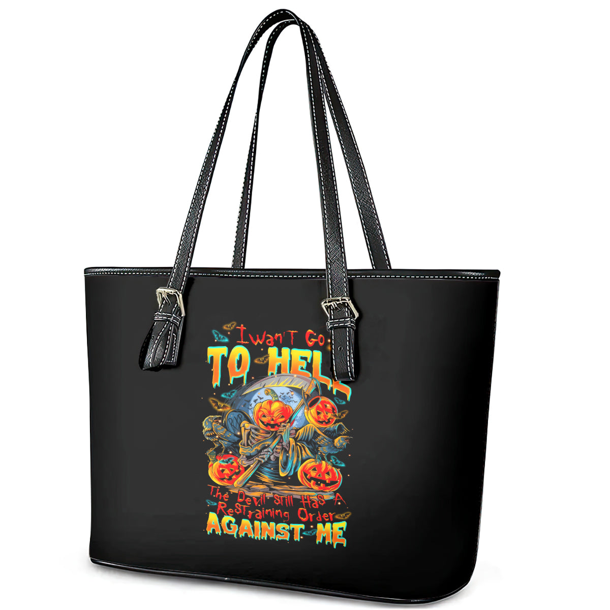 Pumpkin Skull Leather Tote Bag I Wan't Go To Hell The Devil Still Restraining Against Me DT01