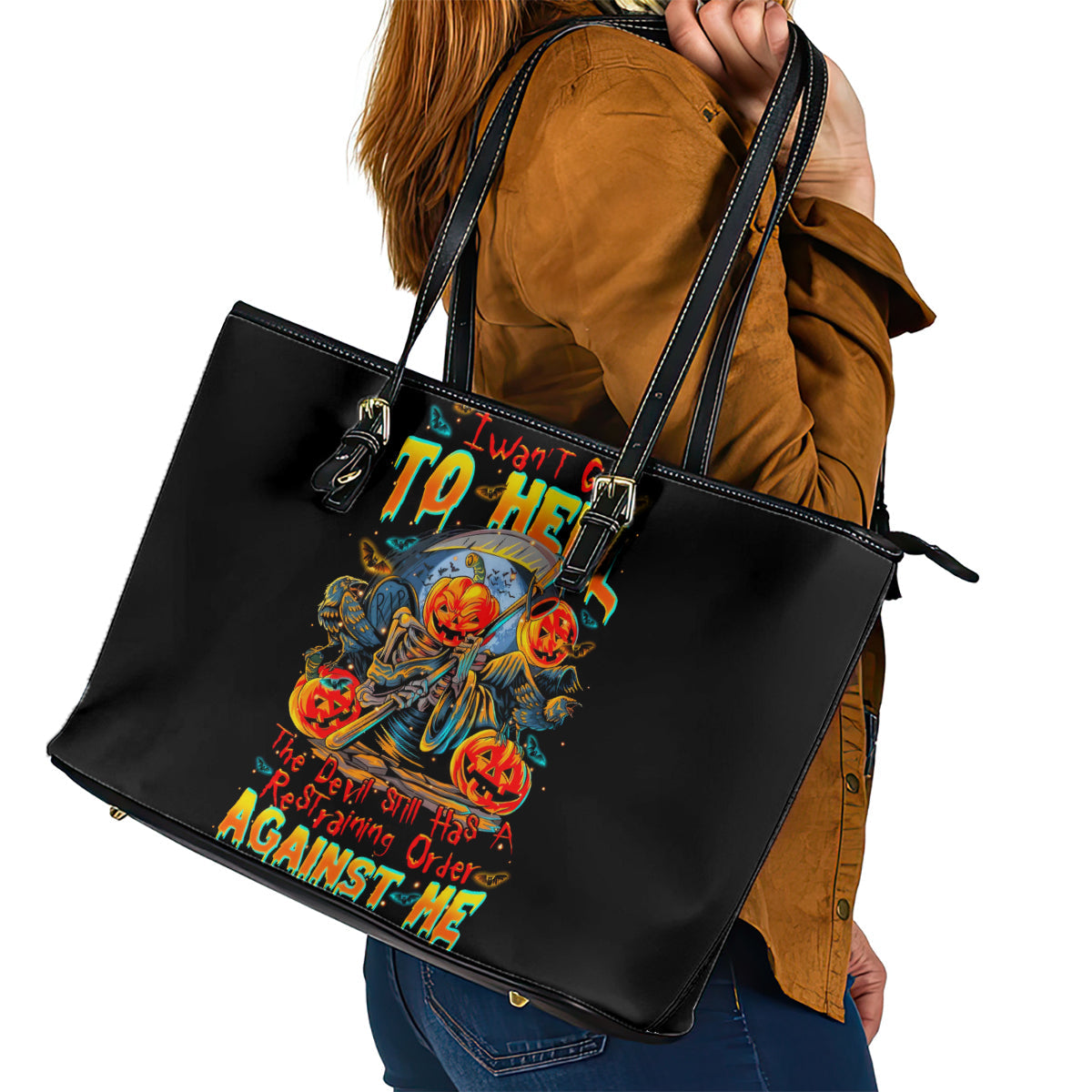 Pumpkin Skull Leather Tote Bag I Wan't Go To Hell The Devil Still Restraining Against Me DT01