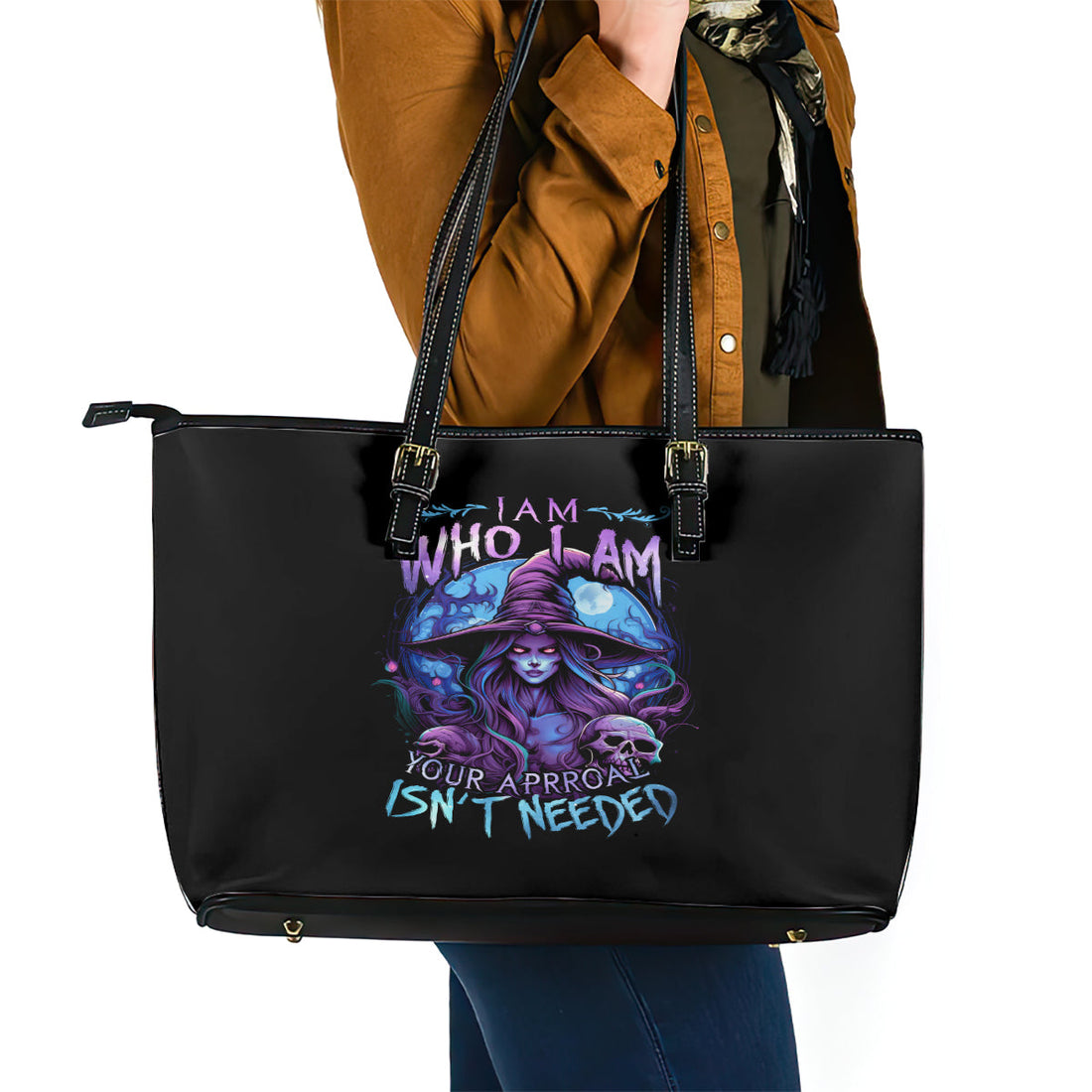 Witch Skull Leather Tote Bag Iam Who Iam Your Approval Isn't Need DT01