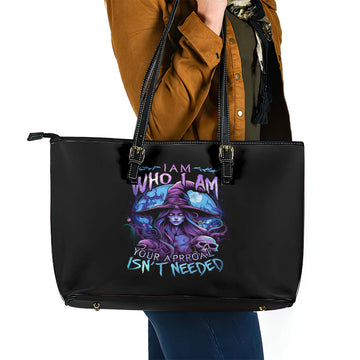 Witch Skull Leather Tote Bag Iam Who Iam Your Approval Isn't Need DT01