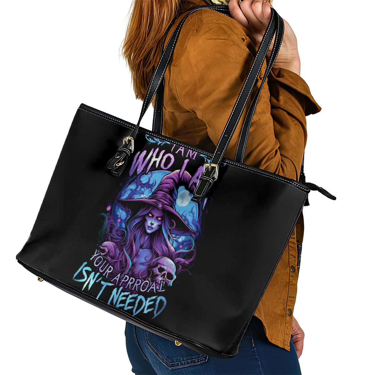 Witch Skull Leather Tote Bag Iam Who Iam Your Approval Isn't Need DT01