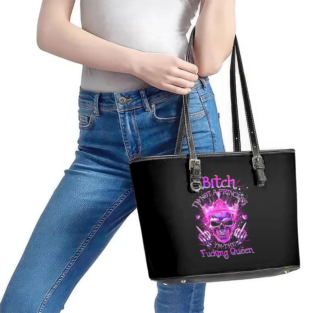 Queen Skull Leather Tote Bag Bitch I'm Not A Princess I'm The Fucking Queen DT01
