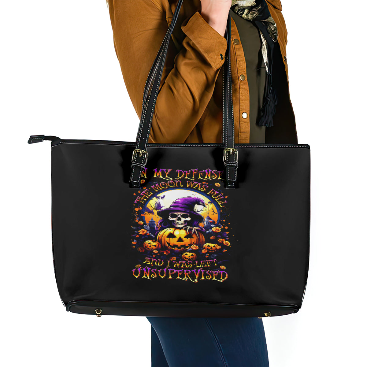 Pumpkin Witch Skull Leather Tote Bag In My Defense The Moon Was Full And I Was Left Unsupervided DT01