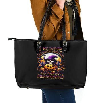 Pumpkin Witch Skull Leather Tote Bag In My Defense The Moon Was Full And I Was Left Unsupervided DT01