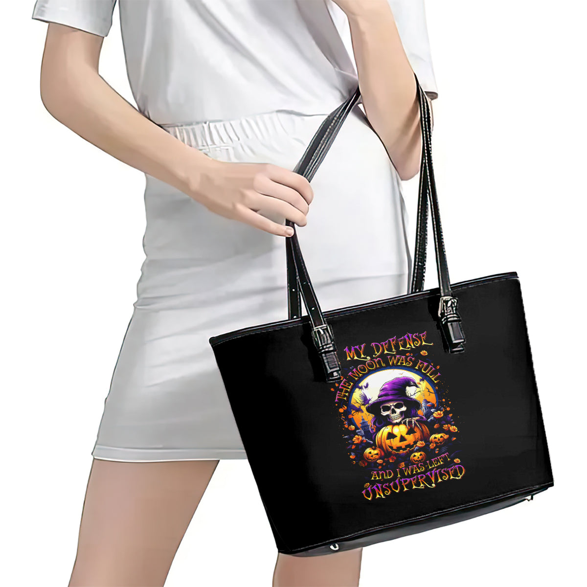 Pumpkin Witch Skull Leather Tote Bag In My Defense The Moon Was Full And I Was Left Unsupervided DT01