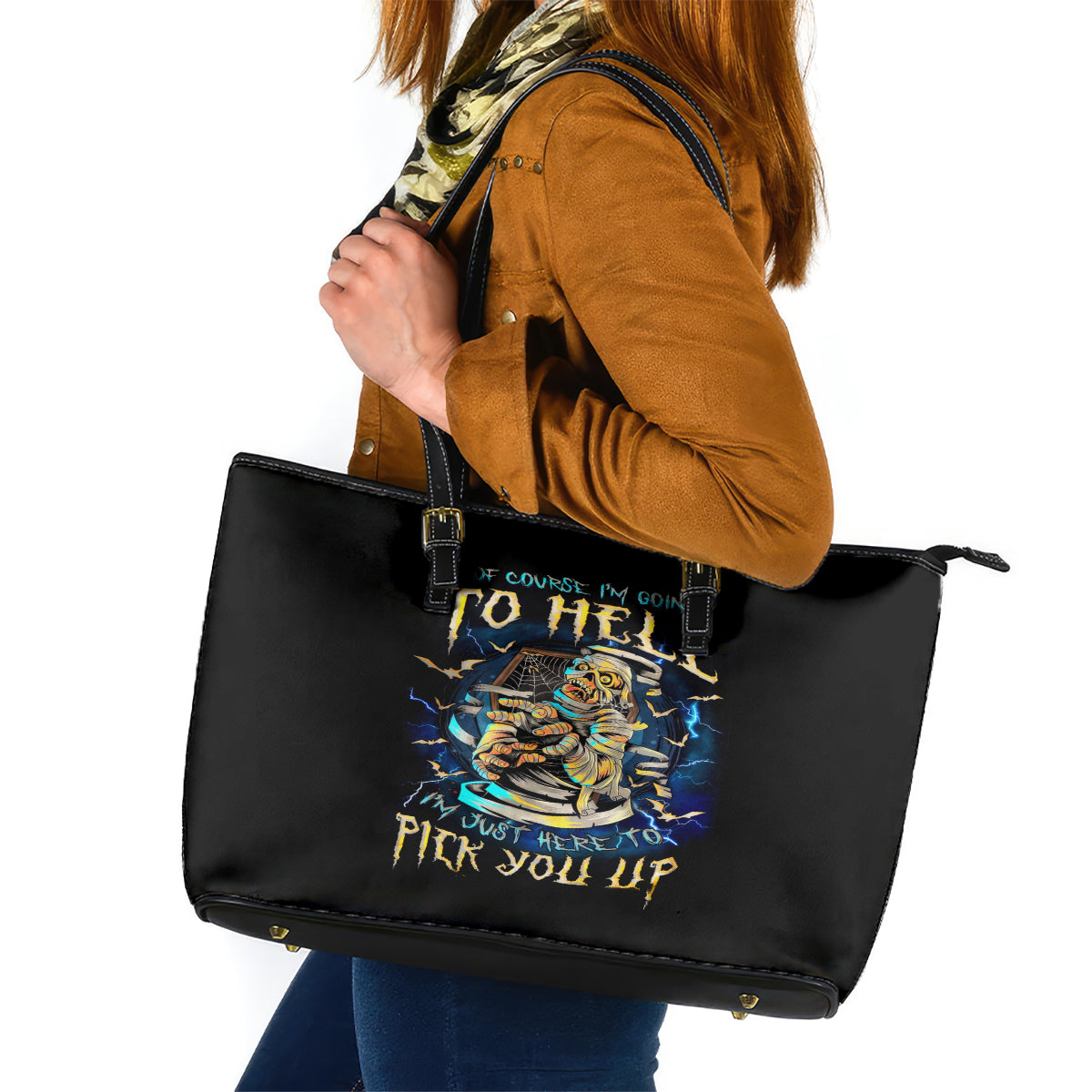 Mummy Skull Leather Tote Bag I'm Going To Hell to Pick You Up DT01