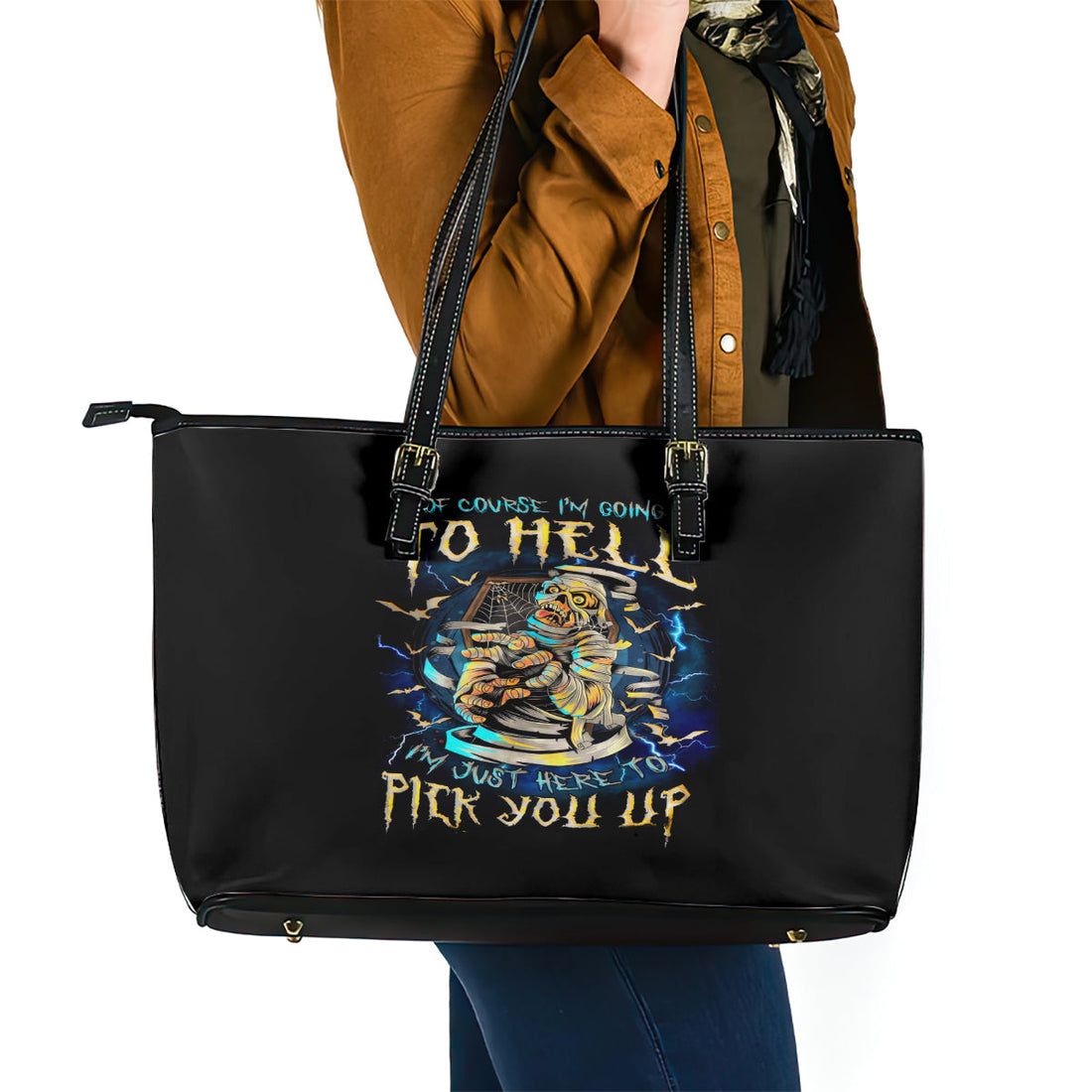 Mummy Skull Leather Tote Bag I'm Going To Hell to Pick You Up DT01