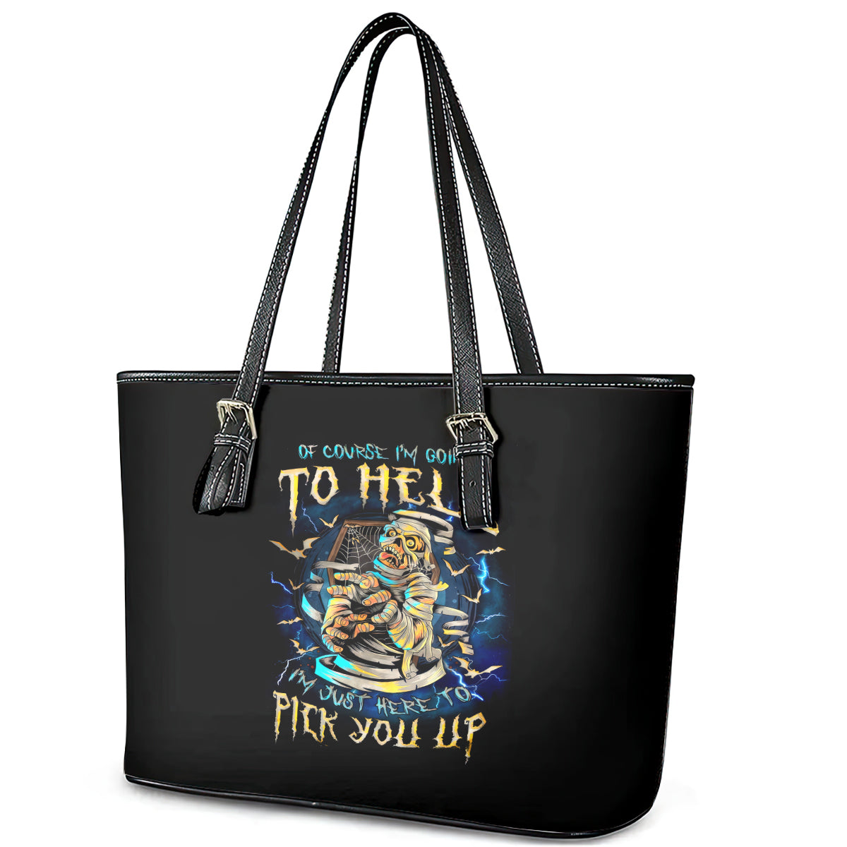 Mummy Skull Leather Tote Bag I'm Going To Hell to Pick You Up DT01