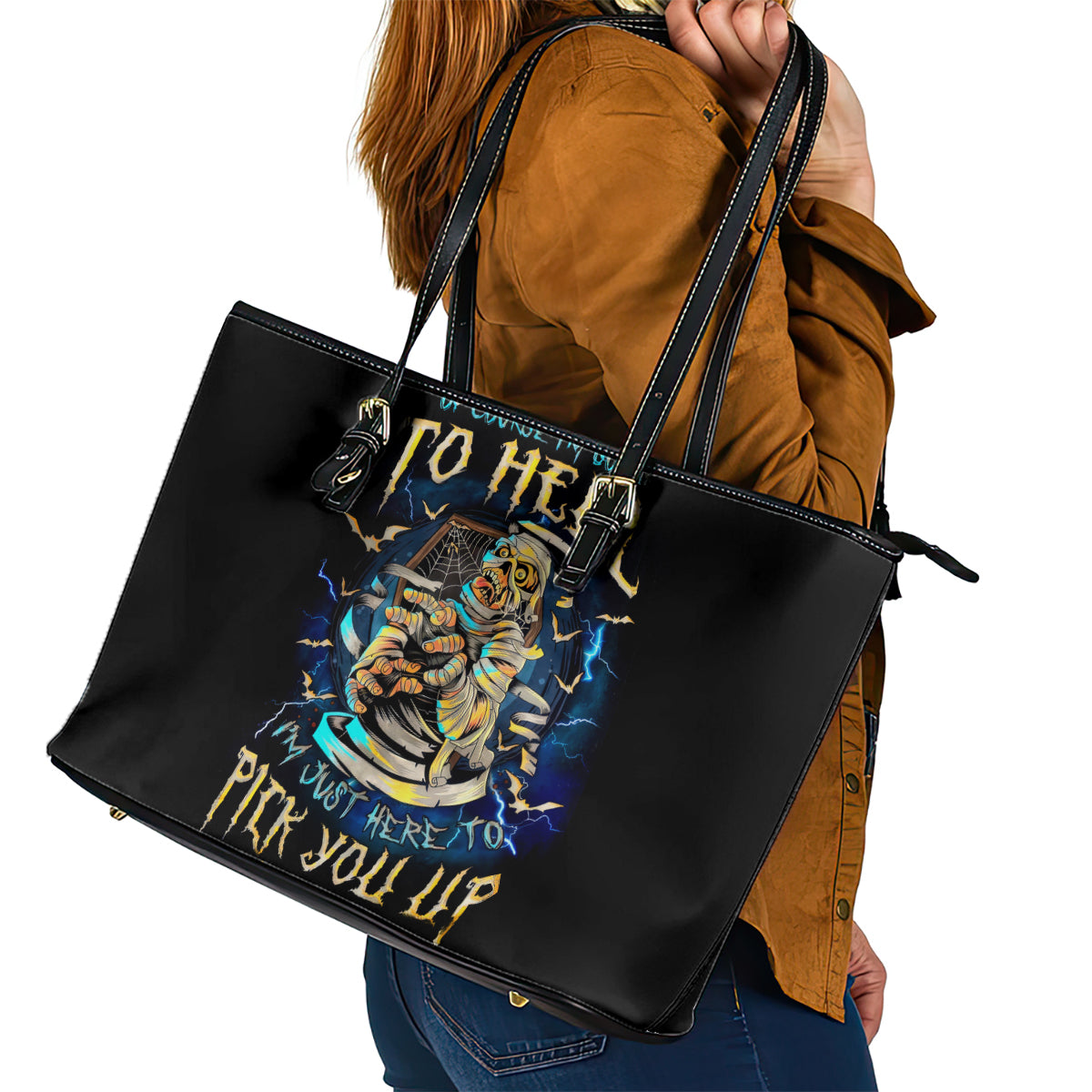 Mummy Skull Leather Tote Bag I'm Going To Hell to Pick You Up DT01