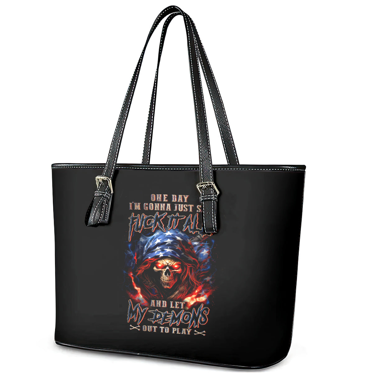 American Skull Leather Tote Bag One Day I Gonna Fuck It All DT01