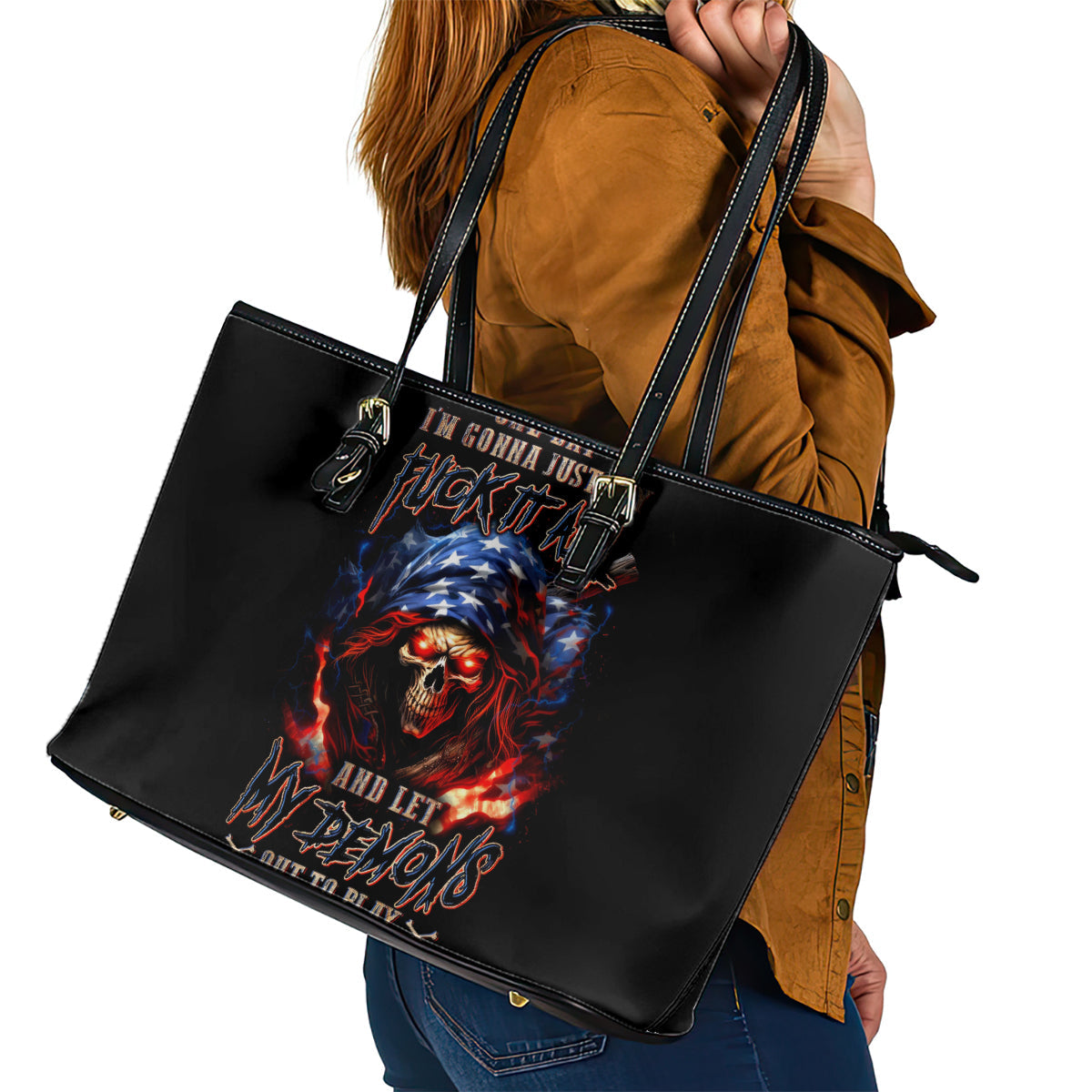 American Skull Leather Tote Bag One Day I Gonna Fuck It All DT01