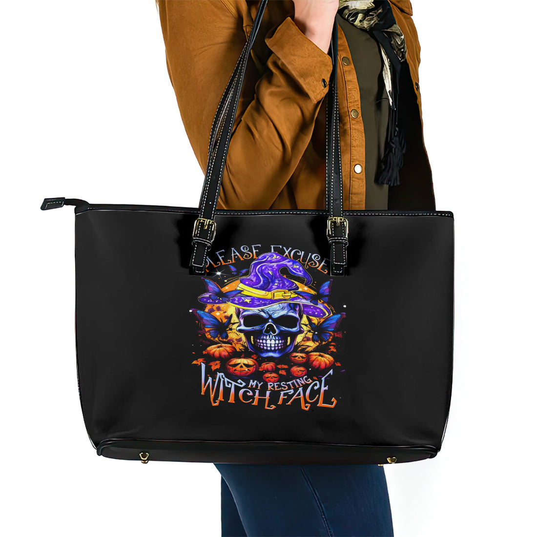 Halloween Skull Leather Tote Bag Please Excuse My Resting Witch Face DT01