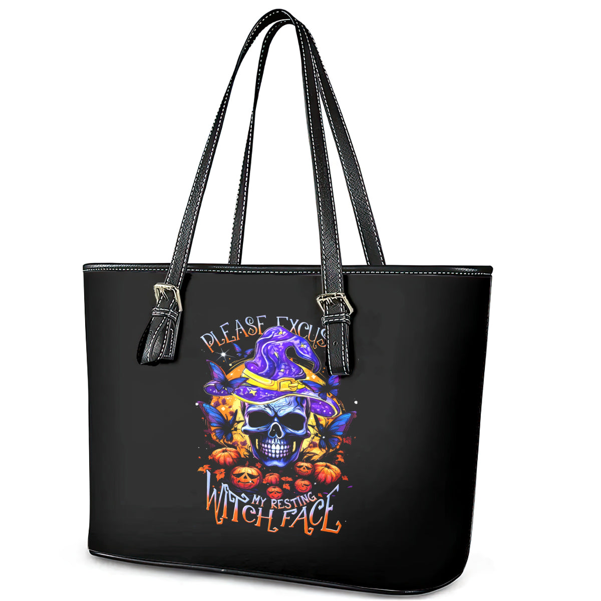Halloween Skull Leather Tote Bag Please Excuse My Resting Witch Face DT01