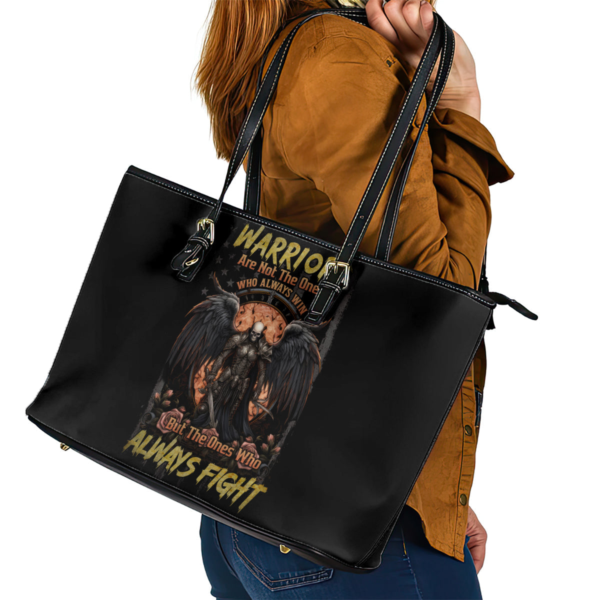 Warrior Skull Leather Tote Bag Warriors Are The One Who Always Fight DT01