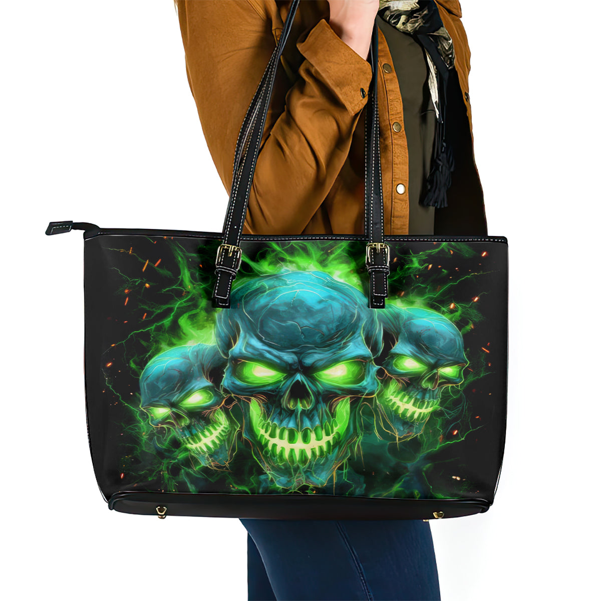 Flame Skull Leather Tote Bag I'm Never Alone My Demons Are Wit Me 24/7 DT01