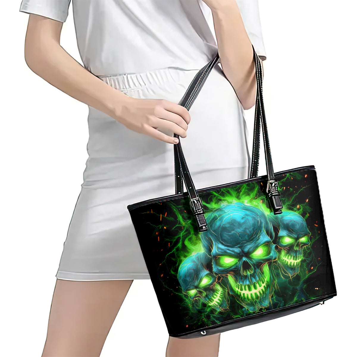 Flame Skull Leather Tote Bag I'm Never Alone My Demons Are Wit Me 24/7 DT01