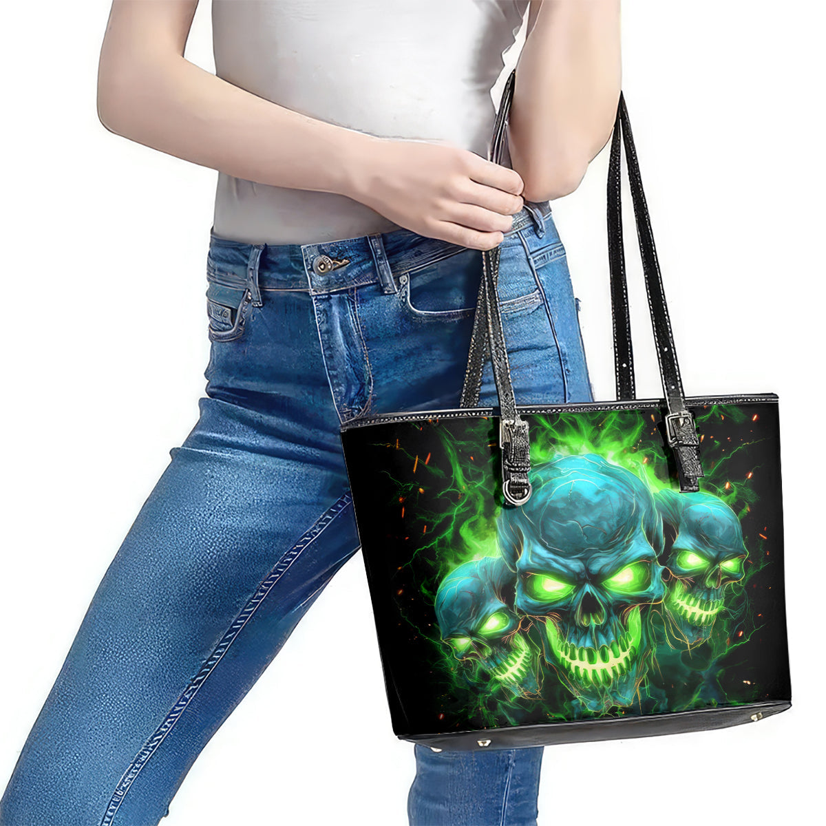 Flame Skull Leather Tote Bag I'm Never Alone My Demons Are Wit Me 24/7 DT01