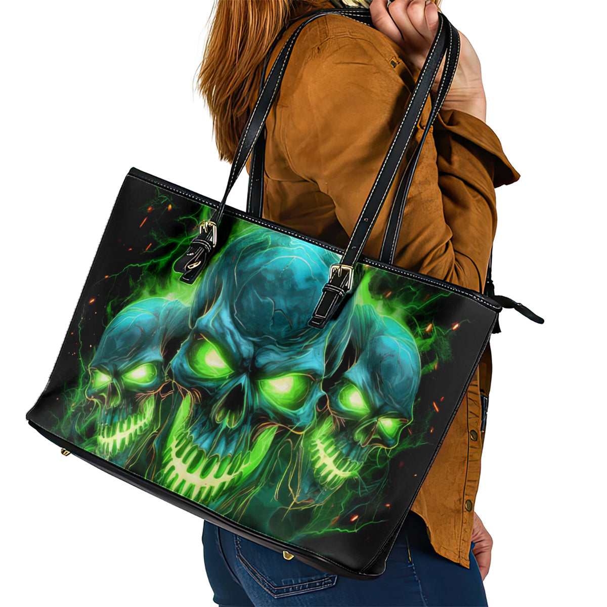 Flame Skull Leather Tote Bag I'm Never Alone My Demons Are Wit Me 24/7 DT01
