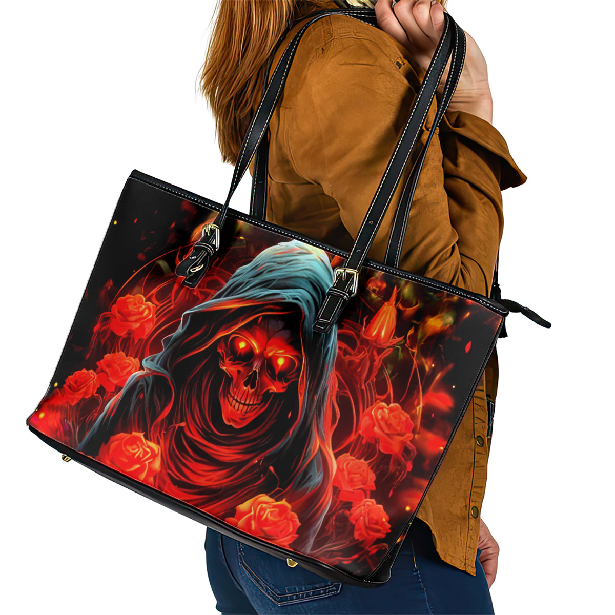 Rose Skull Leather Tote Bag Iam Sweet Girl But If You Piss Me Off DT01