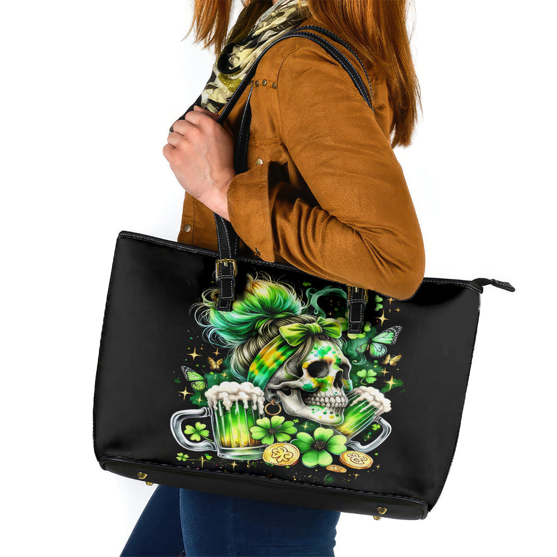 Irish Skull Leather Tote Bag Drink Up Bitches DT01