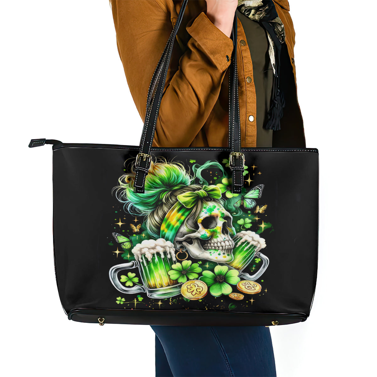 Irish Skull Leather Tote Bag Drink Up Bitches DT01