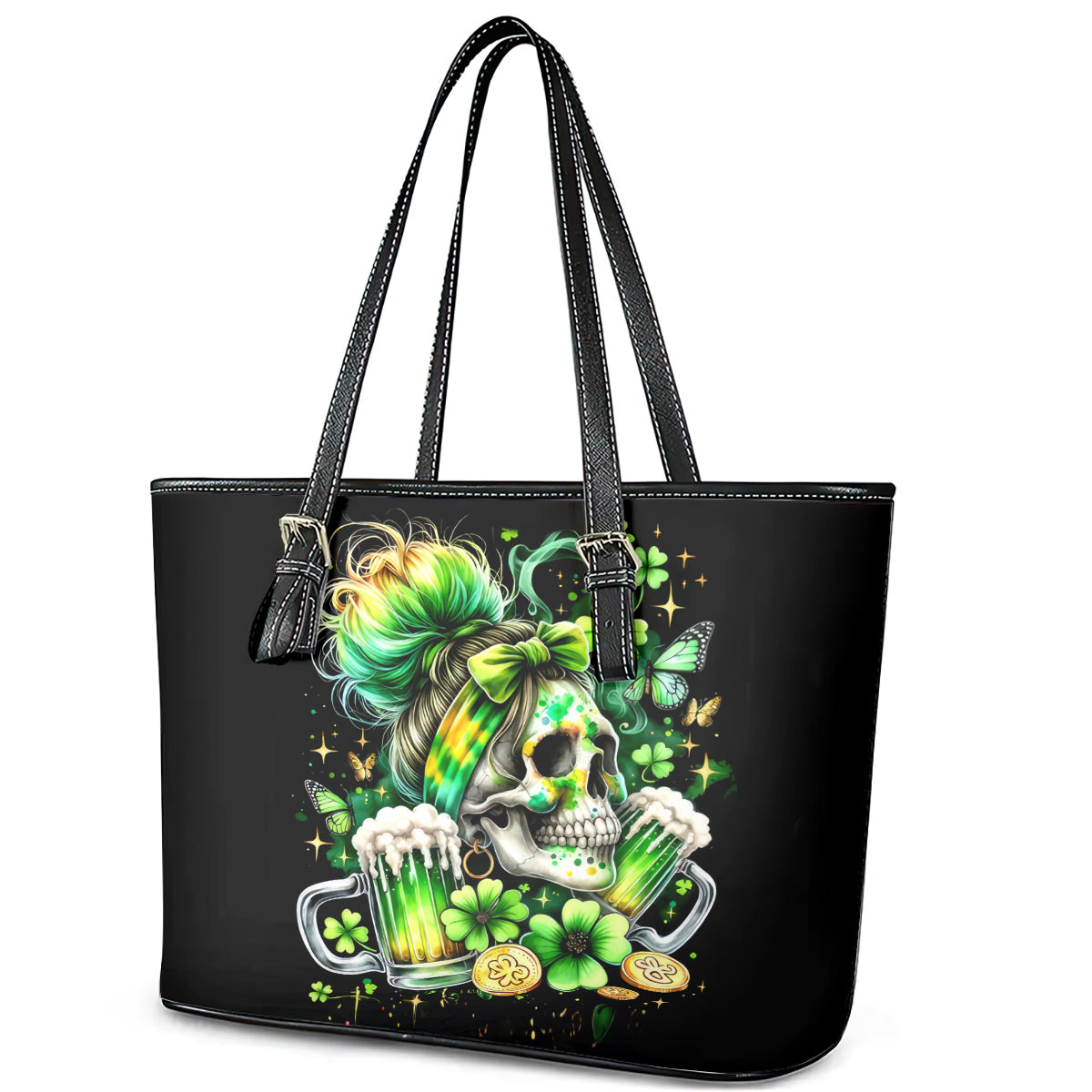 Irish Skull Leather Tote Bag Drink Up Bitches DT01