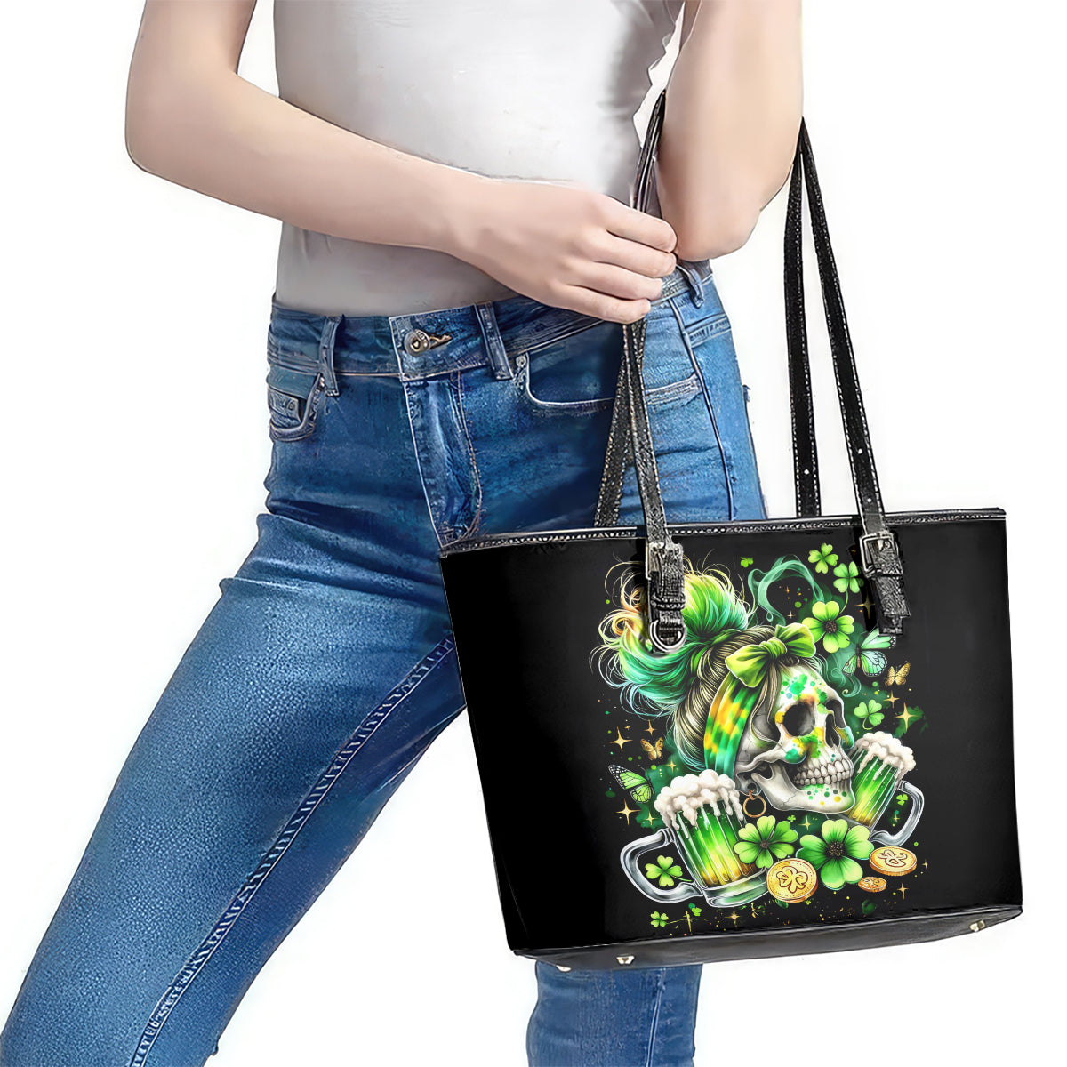 Irish Skull Leather Tote Bag Drink Up Bitches DT01