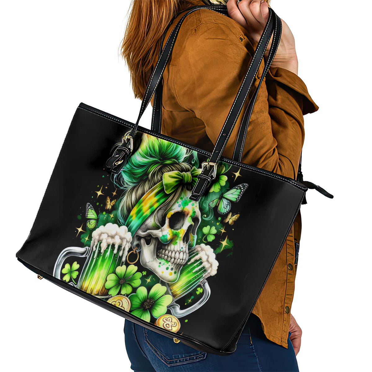 Irish Skull Leather Tote Bag Drink Up Bitches DT01