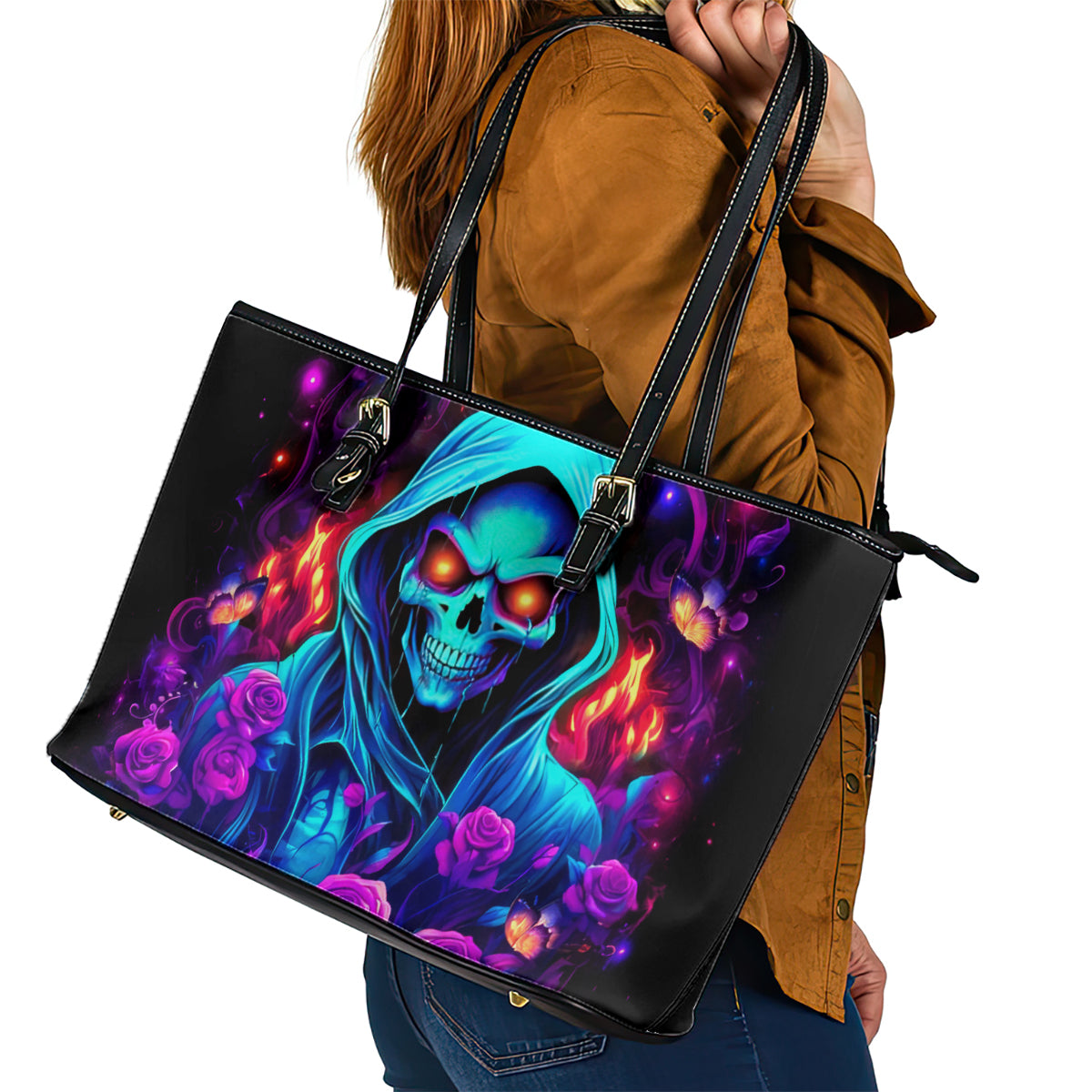 Rose Skull Leather Tote Bag Just So We Are Clear I'm Not Afraid Of You DT01