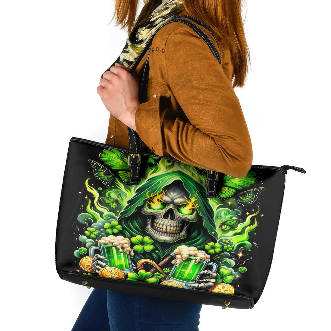 Irish Skull Leather Tote Bag The Devil Whispered To Me I'm Coming For You DT01