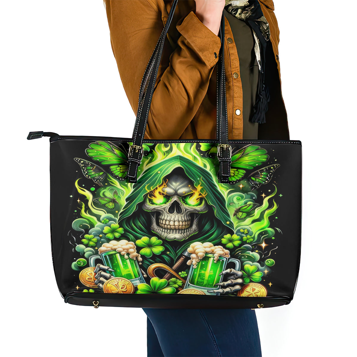 Irish Skull Leather Tote Bag The Devil Whispered To Me I'm Coming For You DT01